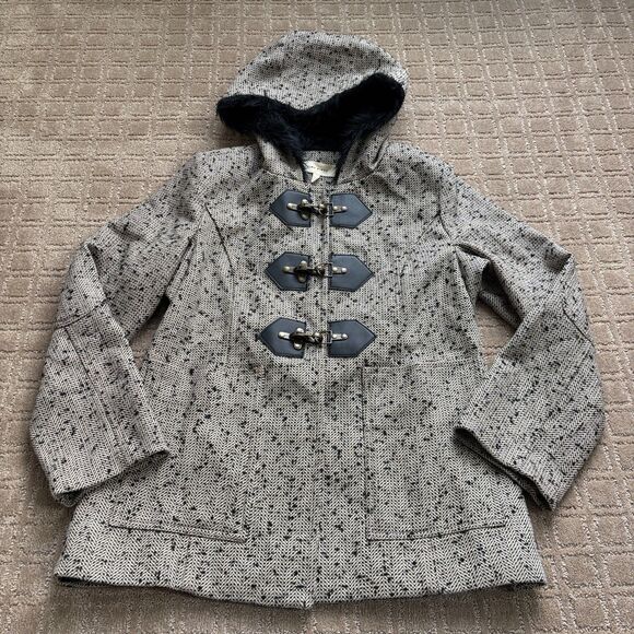 Anthropologie Third Piece Wool Peacoat Jacket Womens 14 Tweed Fur Hood Clasp New - Picture 2 of 8